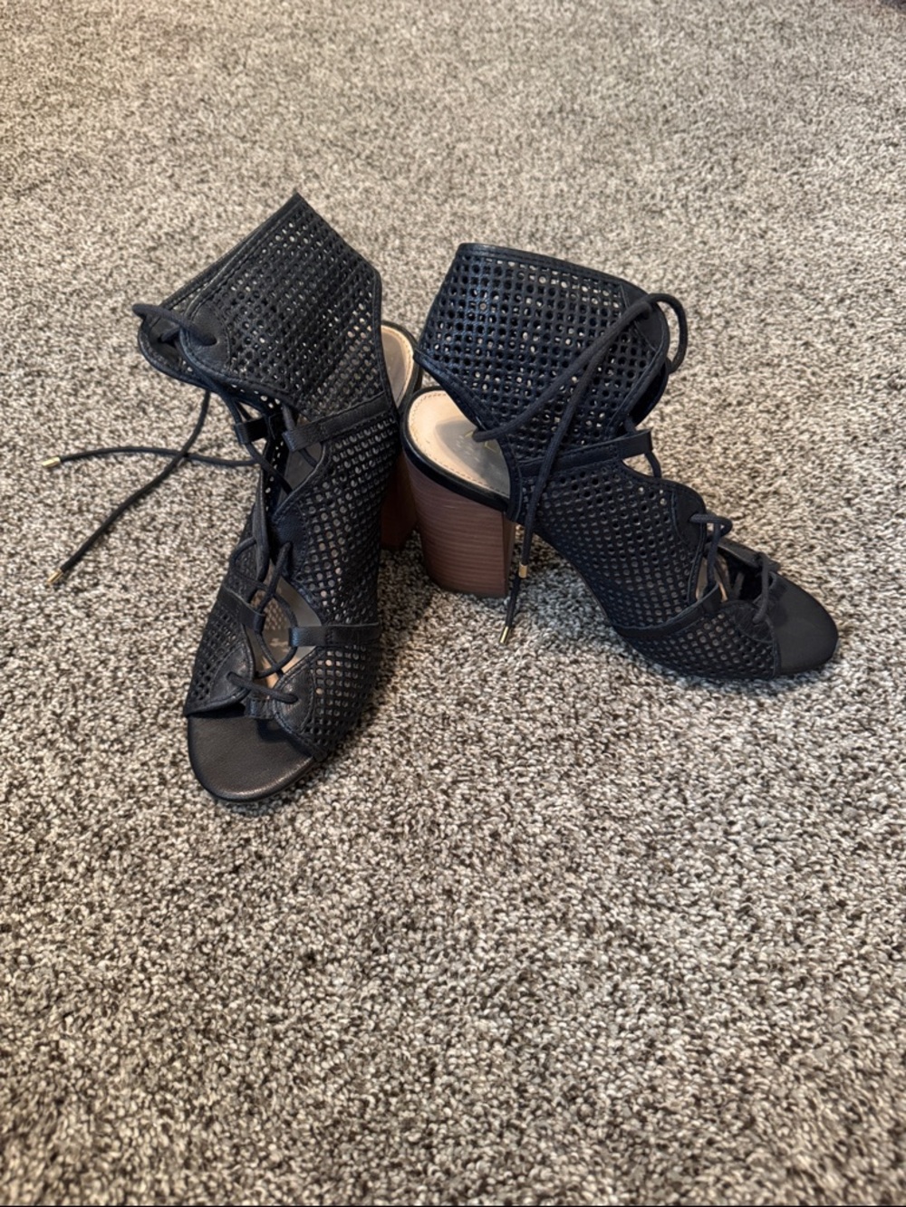 Aldo Black Perforated Lace-Up Block Heel Sandals